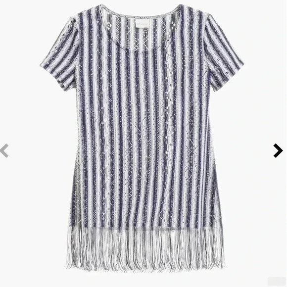 Chico's Tops - Chicos Striped Fringe Hem Bohemian Top Size Lg Boho Euro Summer Fun Blue White